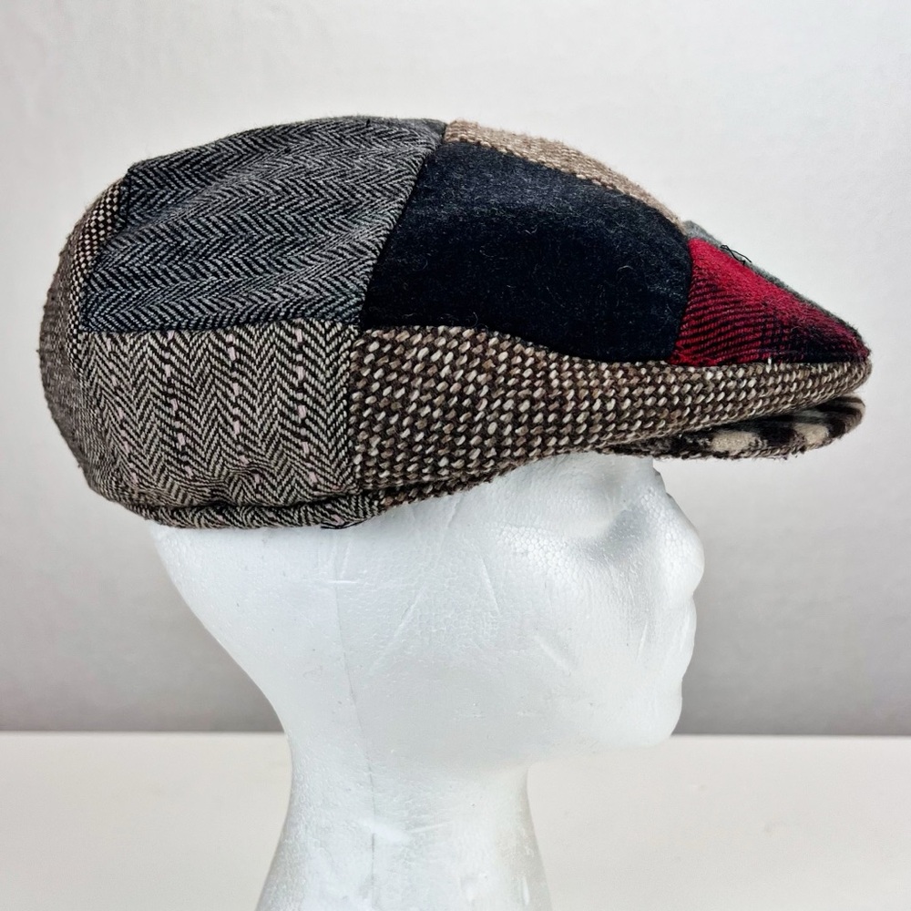 Vintage Patchwork Flat Cap M/L Wool Blend Fleece Lined Multi Pattern Newsboy